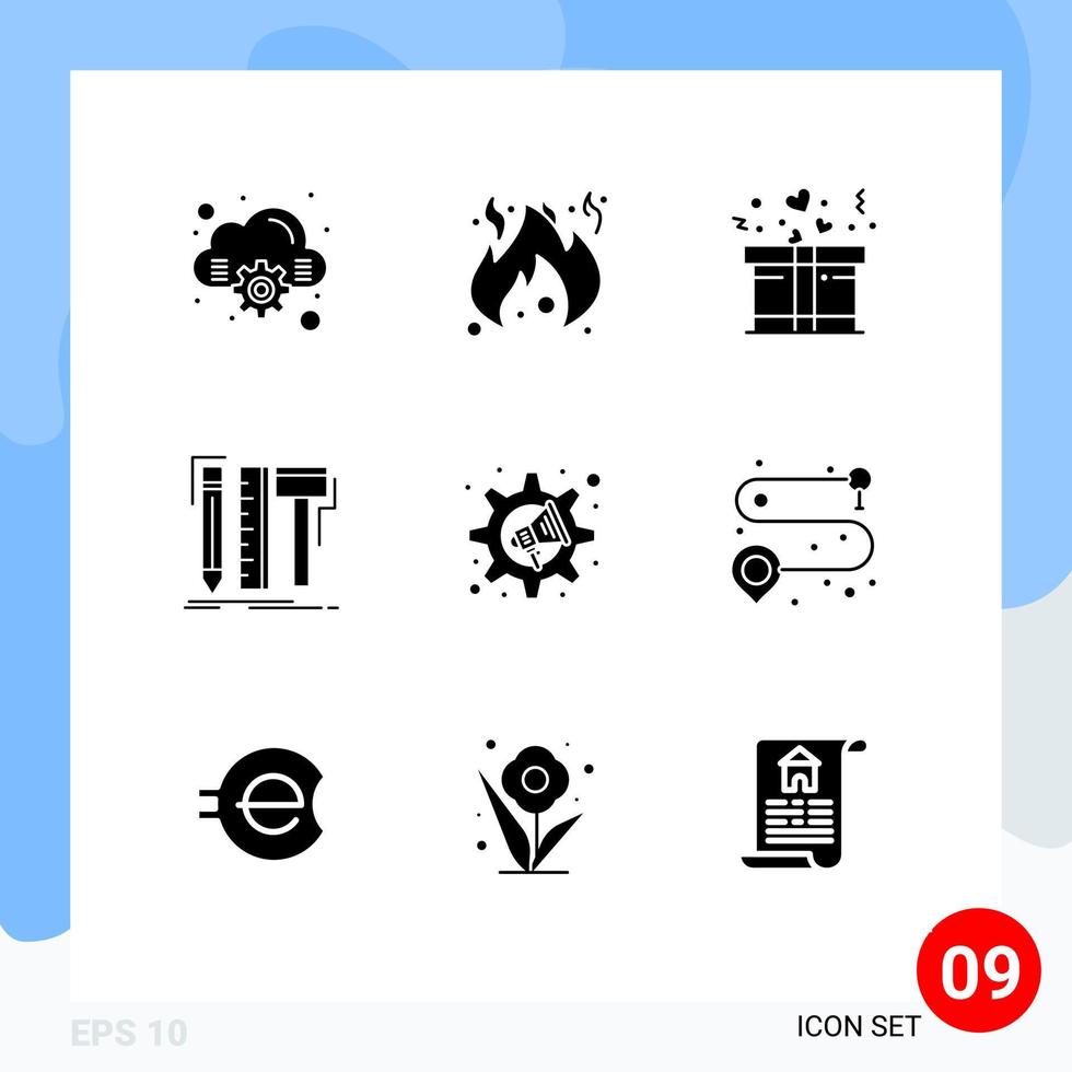 pack de 9 glyphes solides créatifs de paramètres mégaphone présent des outils de marketing éléments de conception vectoriels modifiables vecteur