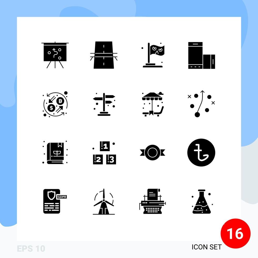 16 glyphes solides universels définis pour les applications web et mobiles devise rotation drapeau téléphone appareil éléments de conception vectoriels modifiables vecteur