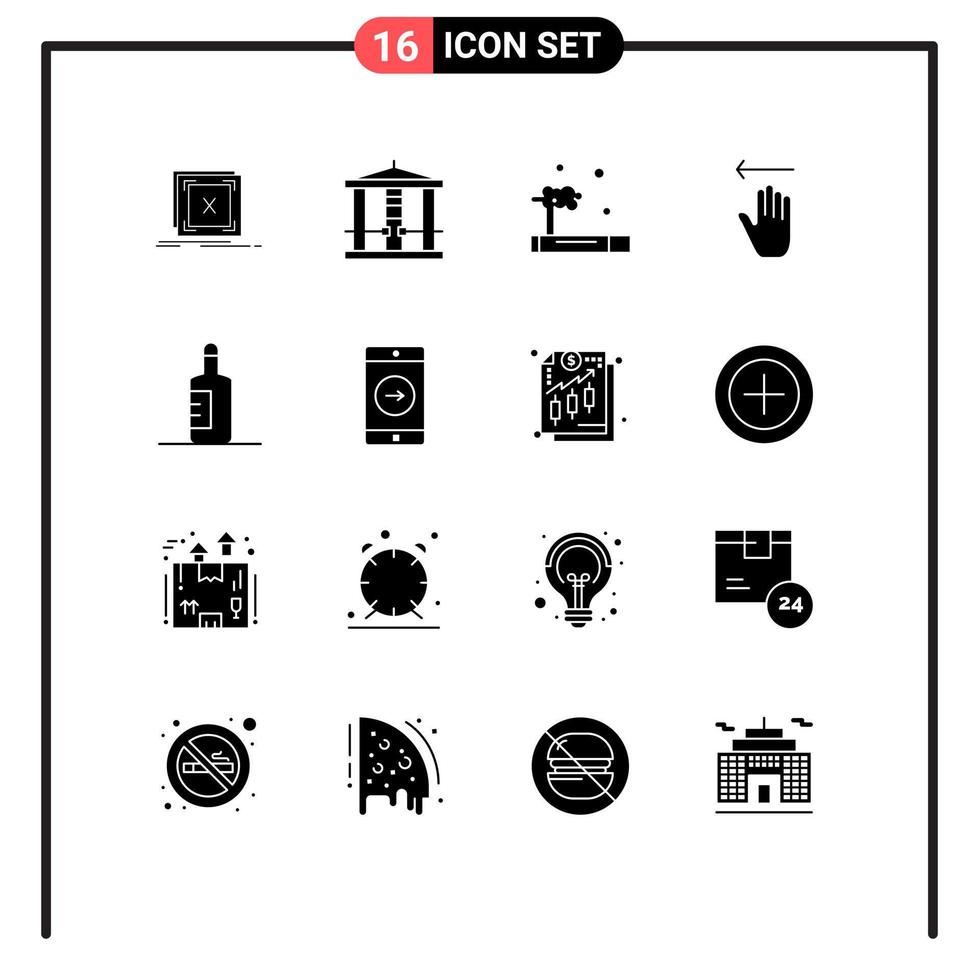 pictogramme ensemble de 16 glyphes solides simples de gestes de bouteille meurtre flèche déchets éléments de conception vectoriels modifiables vecteur