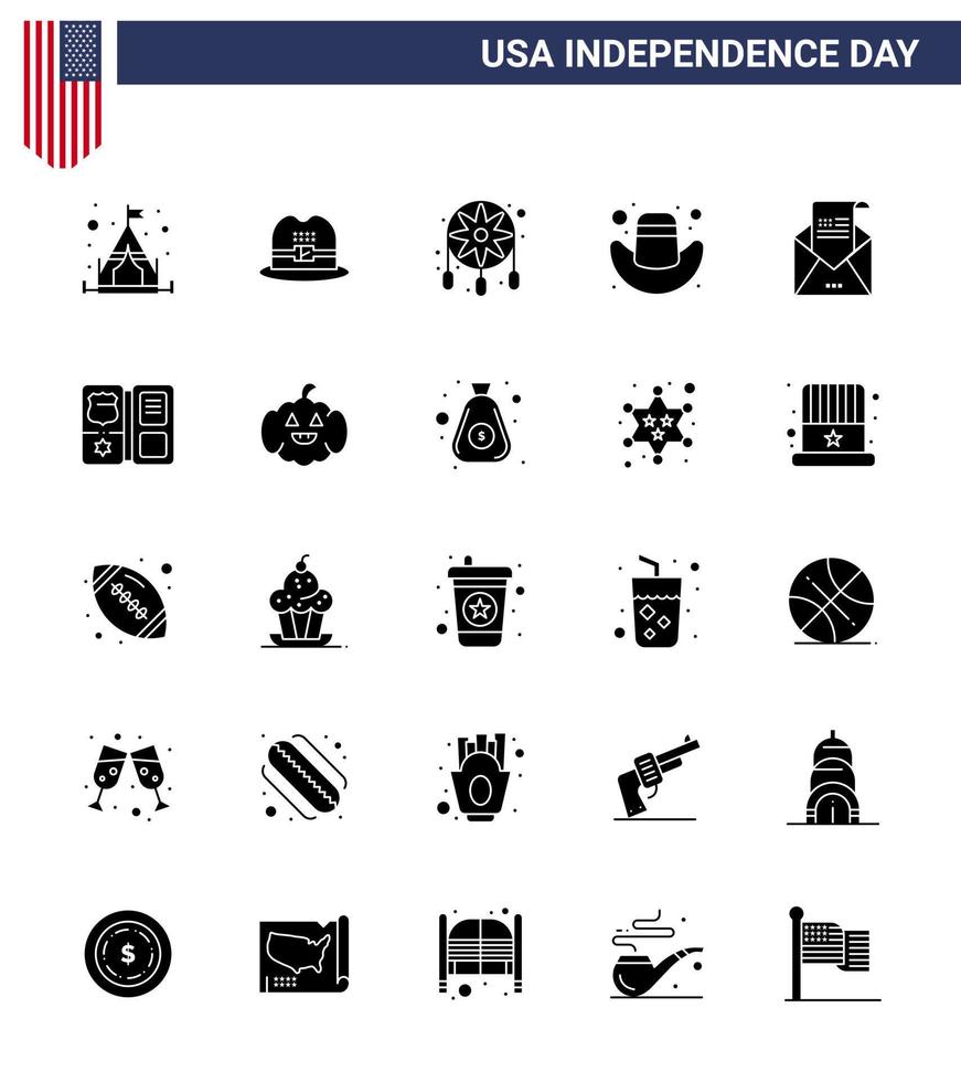 glyphe solide de la fête de l'indépendance des états-unis ensemble de 25 pictogrammes des états-unis de courrier salutation chapeau d'enveloppe de capteur de rêves éléments de conception vectoriels modifiables de la journée des états-unis vecteur