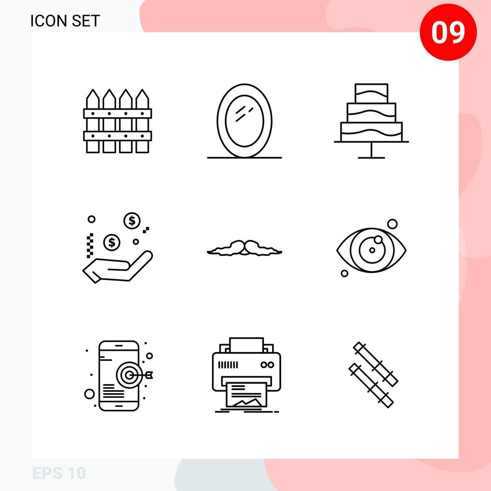 pack vectoriel de 9 icônes dans le pack de contour créatif de style ligne isolé sur fond blanc pour le web et mobile