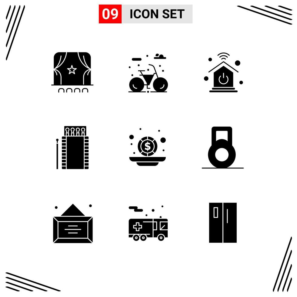 pack de 9 glyphes solides créatifs d'argent budget maison intelligente boîte feu éléments de conception vectoriels modifiables vecteur