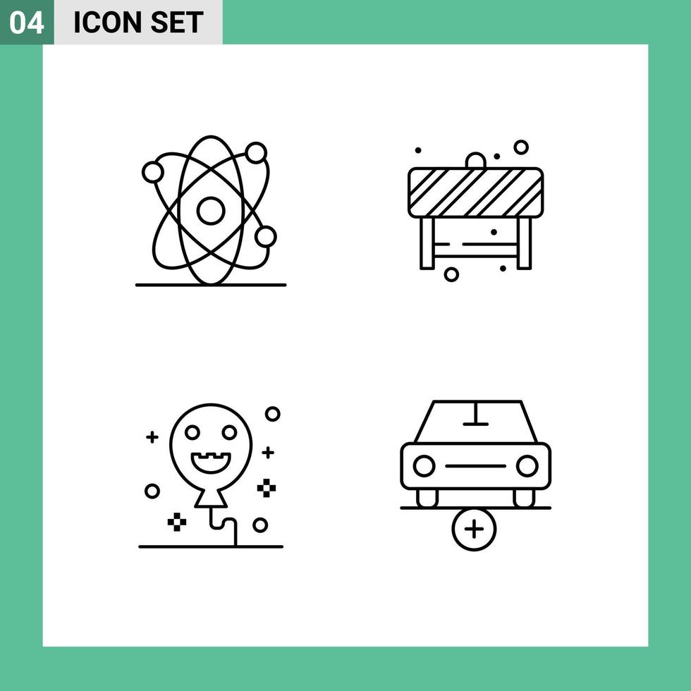 pack d'interface utilisateur de 4 couleurs plates de base remplies d'éléments de conception vectoriels modifiables de voiture de signe d'attention de vacances d'atome vecteur