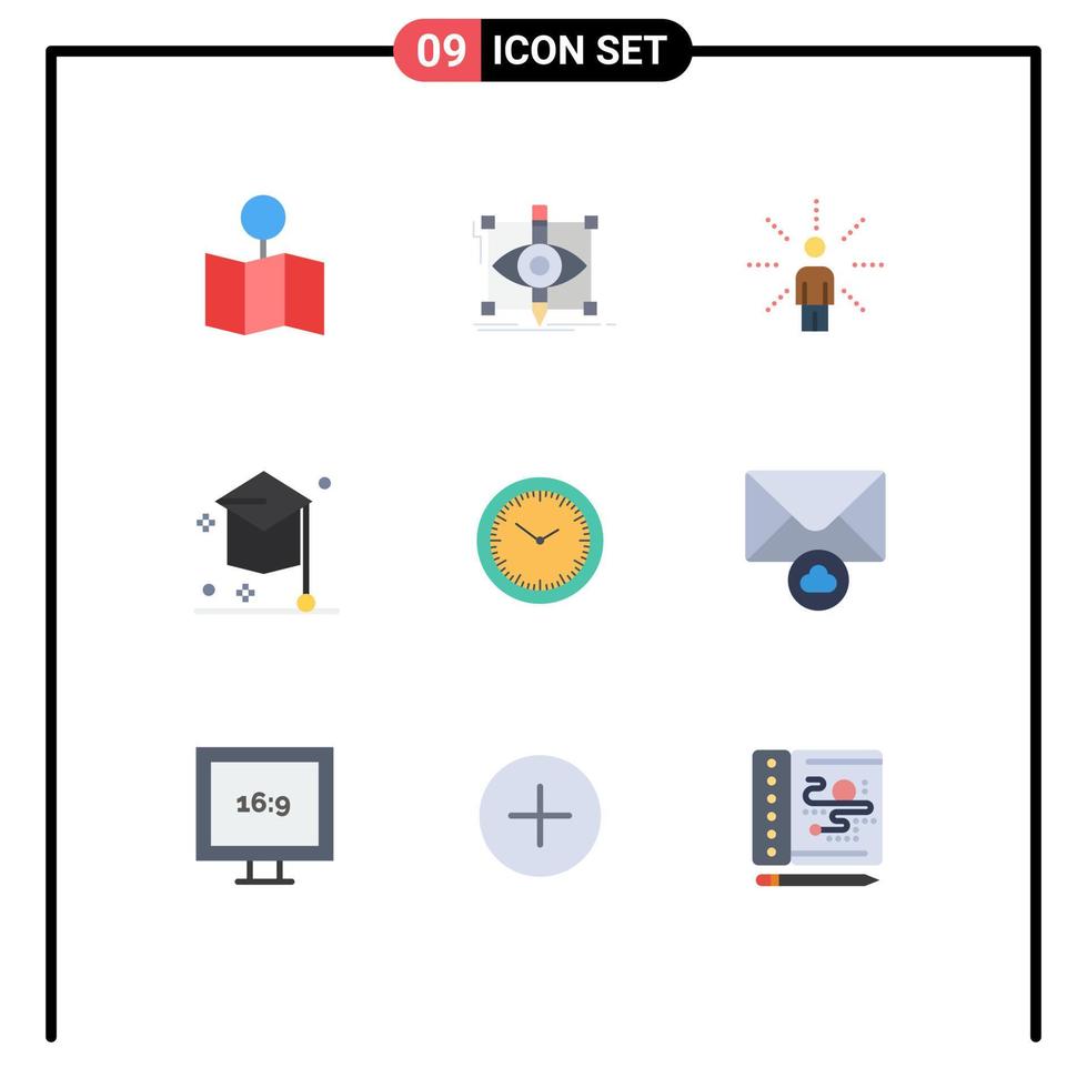 interface mobile couleur plate ensemble de 9 pictogrammes d'éléments de conception vectoriels modifiables de perception de collège visuel de diplôme de chapeau vecteur