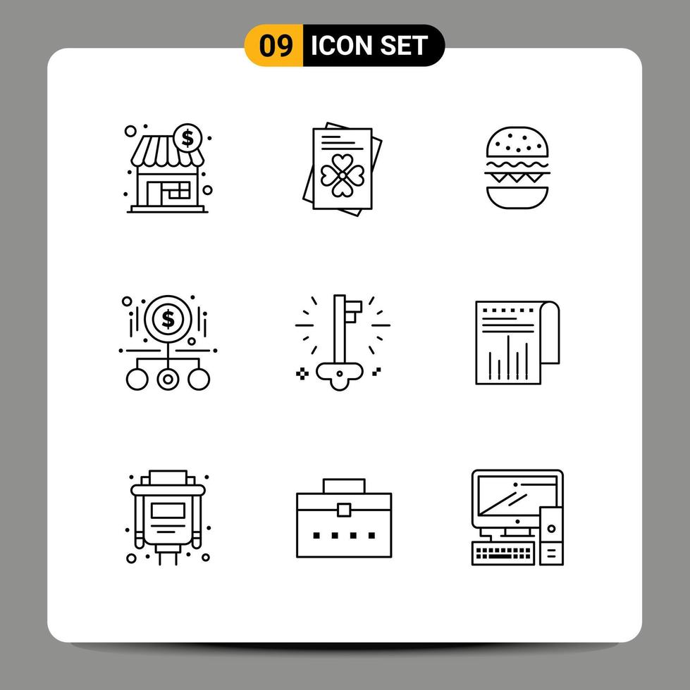 ensemble de pictogrammes de 9 contours simples de produit clé alimentaire payer grossissant éléments de conception vectoriels modifiables vecteur