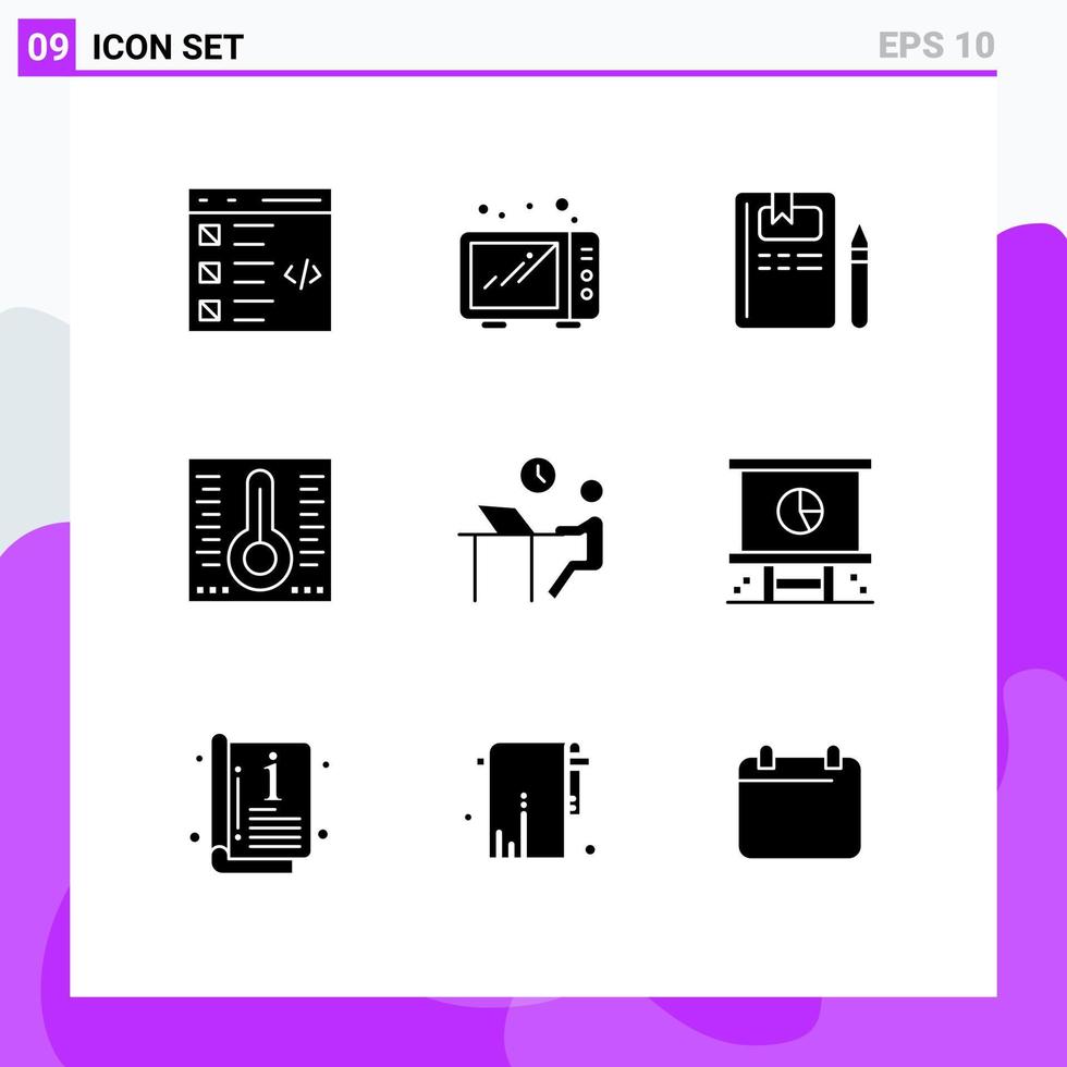 groupe de 9 glyphes solides modernes définis pour les éléments de conception vectoriels modifiables de mercure de spa de livre de bureau vecteur