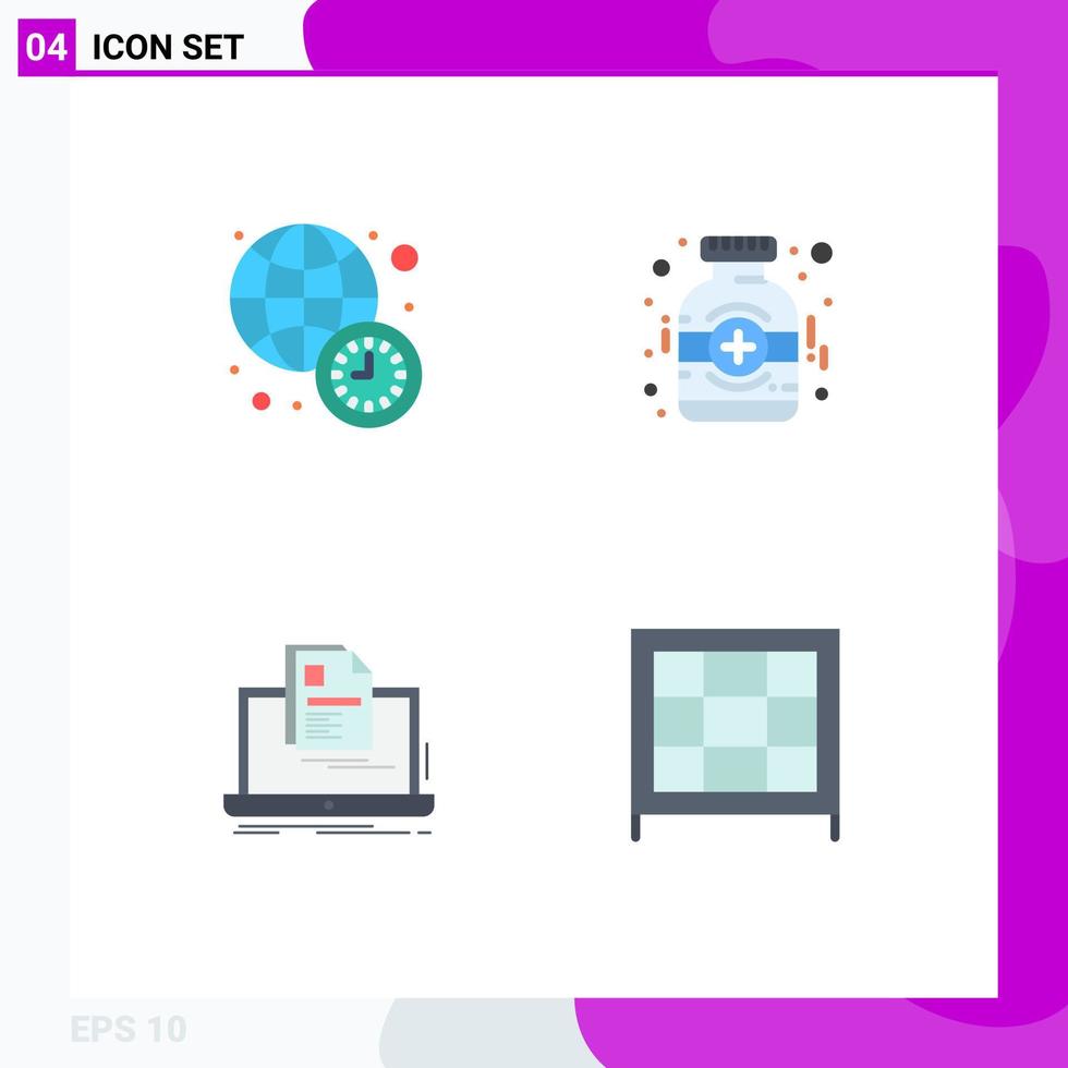 ensemble de pictogrammes de 4 icônes plates simples d'horloge ordinateur portable nouvelles du monde médecine imprimer des éléments de conception vectoriels modifiables vecteur