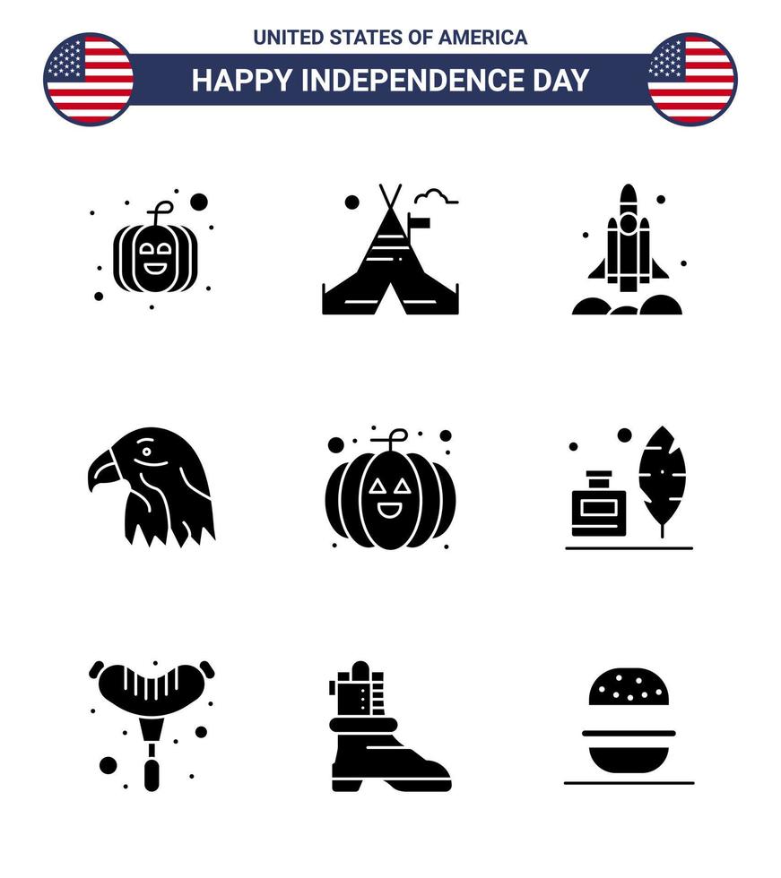 joyeux jour de l'indépendance pack de 9 glyphes solides signes et symboles pour citrouille usa fusée aigle animal modifiable usa day vector design elements