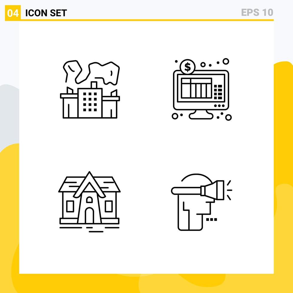 symboles d'icônes universels groupe de 4 couleurs plates de ligne de remplissage modernes d'éléments de conception vectoriels modifiables de tête de banque internet de puissance de maison d'usine vecteur