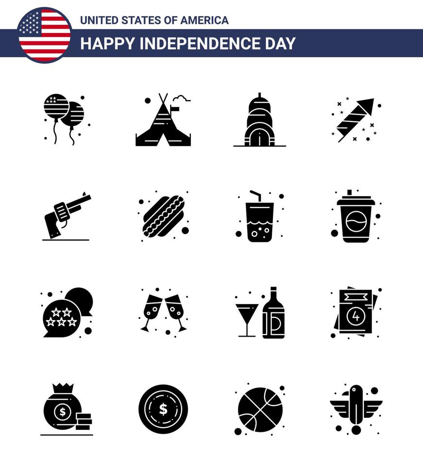 16 signes de glyphes solides pour le jour de l'indépendance des États-Unis vecteur