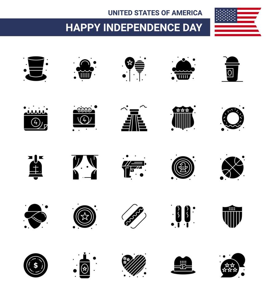 usa indépendance jour glyphe solide ensemble de 25 pictogrammes usa de ballons muffins américains dessert amérique drapeau modifiable usa day vector design elements