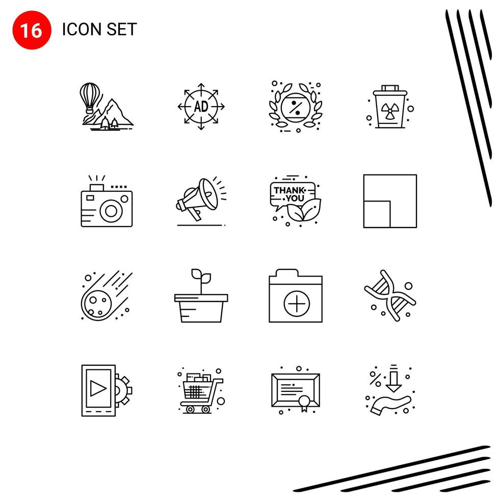 ensemble de pictogrammes de 16 contours simples d'éléments de conception vectoriels modifiables d'étiquette d'environnement d'annonce de poubelle vecteur