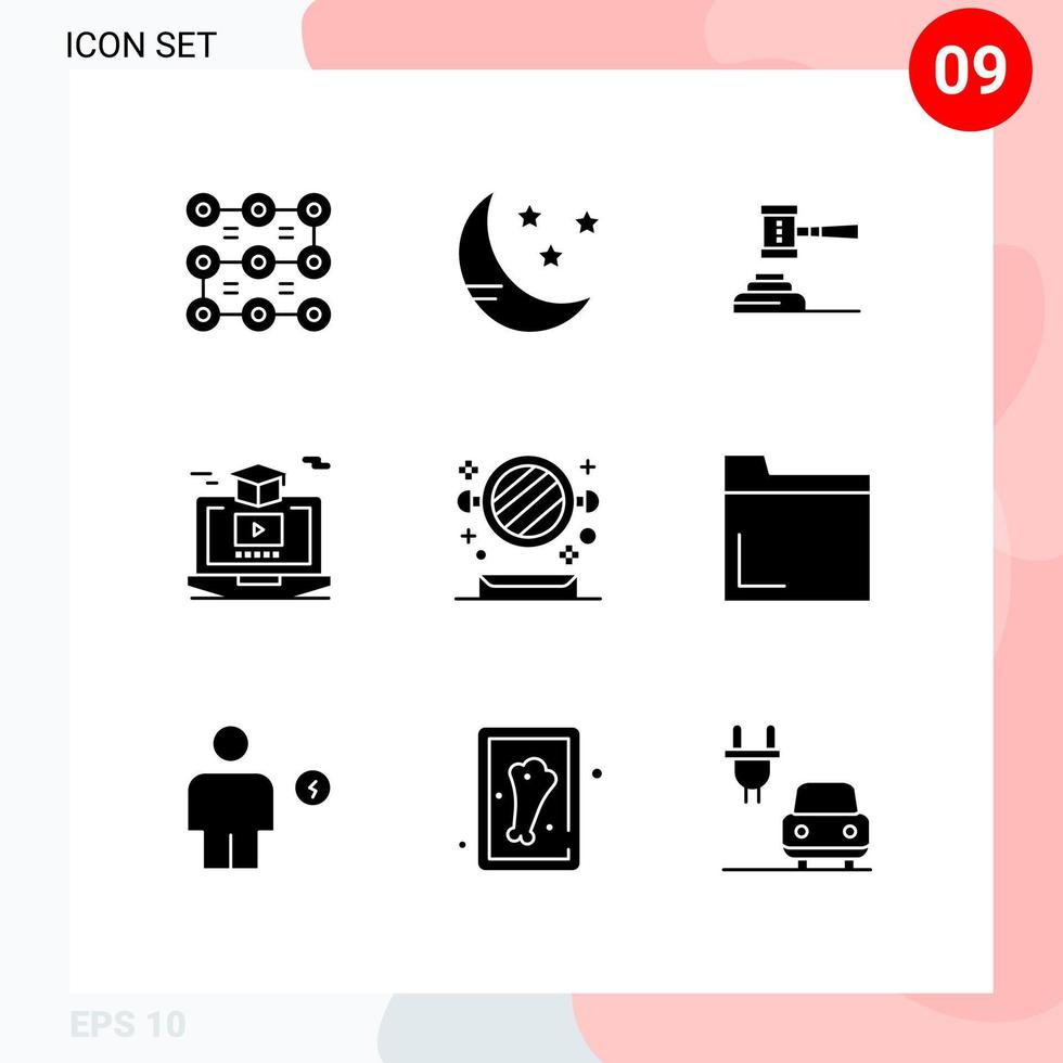 ensemble de 9 glyphes solides vectoriels sur la grille pour l'action de degré vidéo marteau juridique éléments de conception vectoriels modifiables vecteur