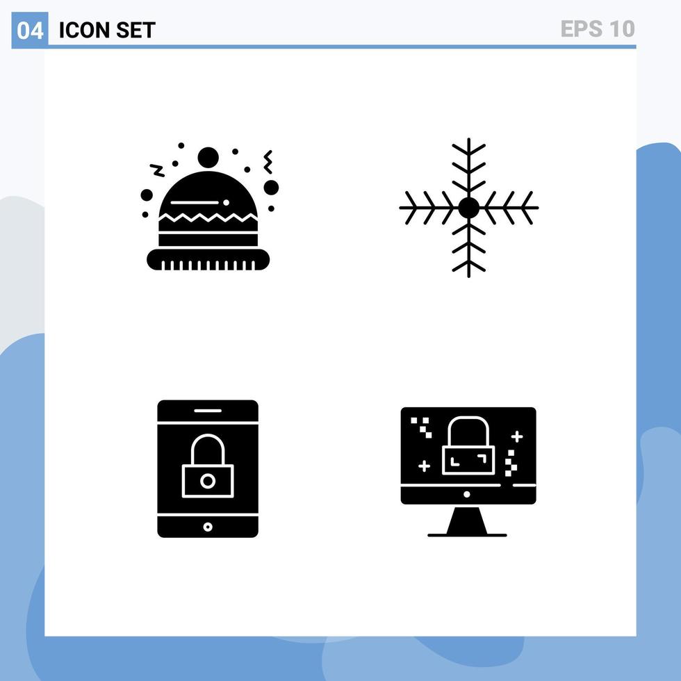 ensemble moderne de 4 pictogrammes de glyphes solides d'éléments de conception vectoriels modifiables de moniteur d'hiver de noël mobile de noël vecteur