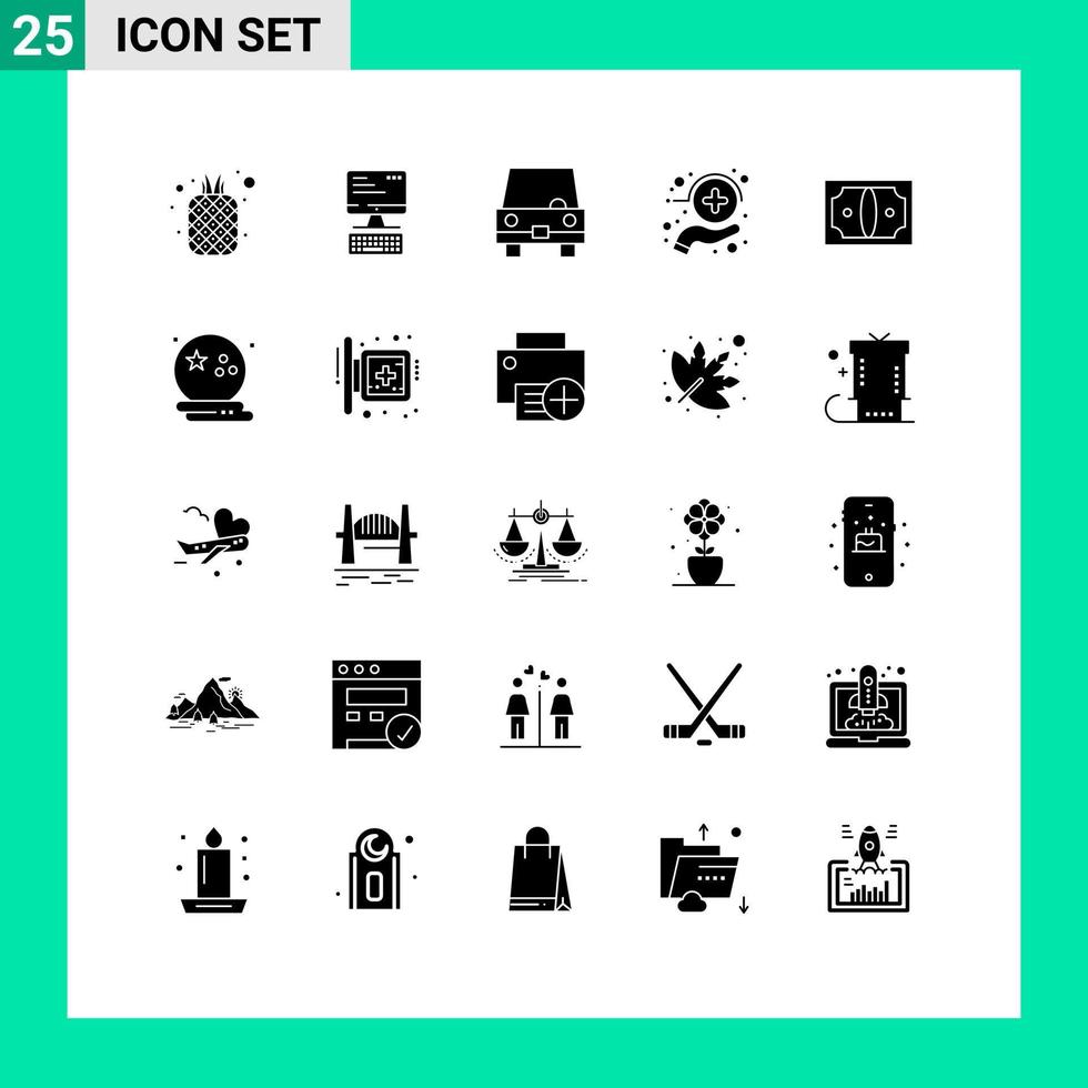 ensemble moderne de 25 pictogrammes de glyphes solides de médecine santé informatique soins transport éléments de conception vectoriels modifiables vecteur