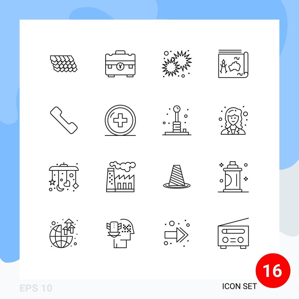 pack de 16 signes et symboles de contours modernes pour les supports d'impression Web tels que les éléments de conception vectoriels modifiables du jour de la carte du portefeuille de voyage du livre vecteur