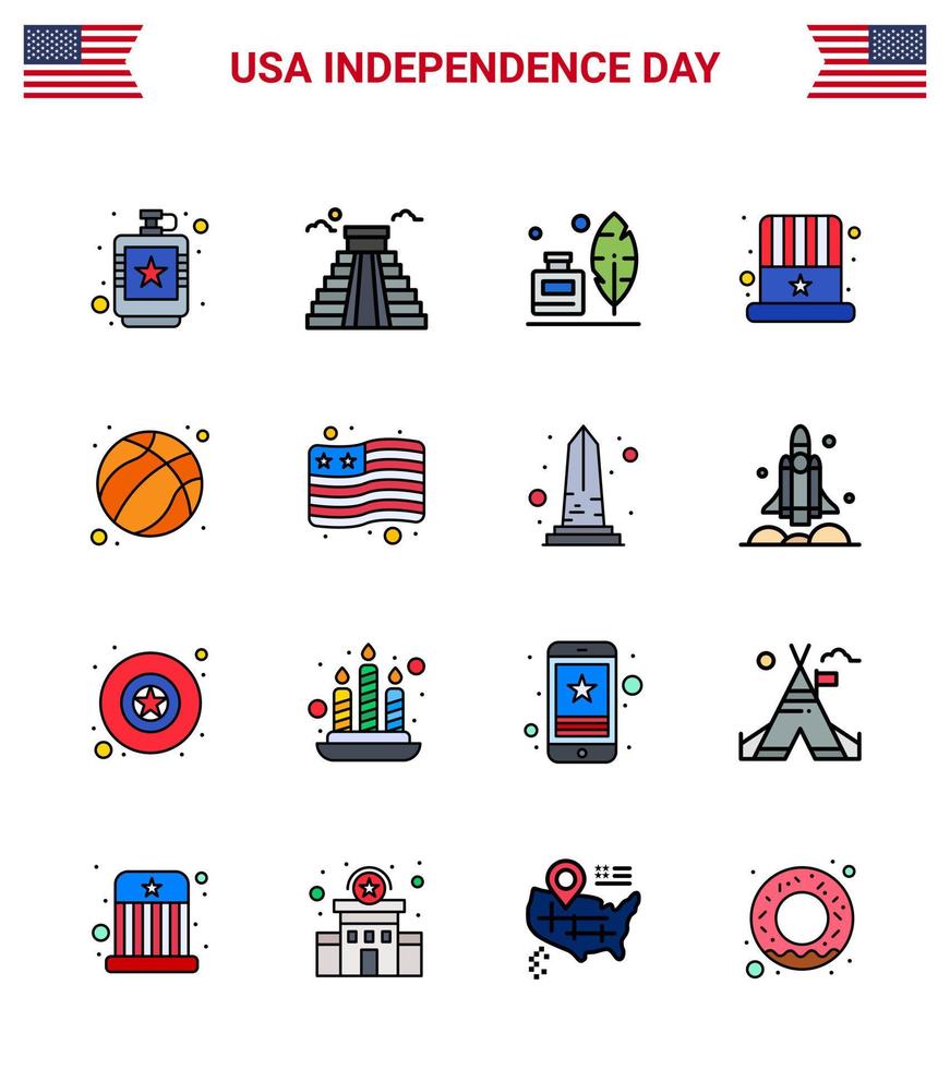 joyeux jour de l'indépendance usa pack de 16 lignes créatives remplies à plat d'american hat usa cap américain modifiable usa day vector design elements