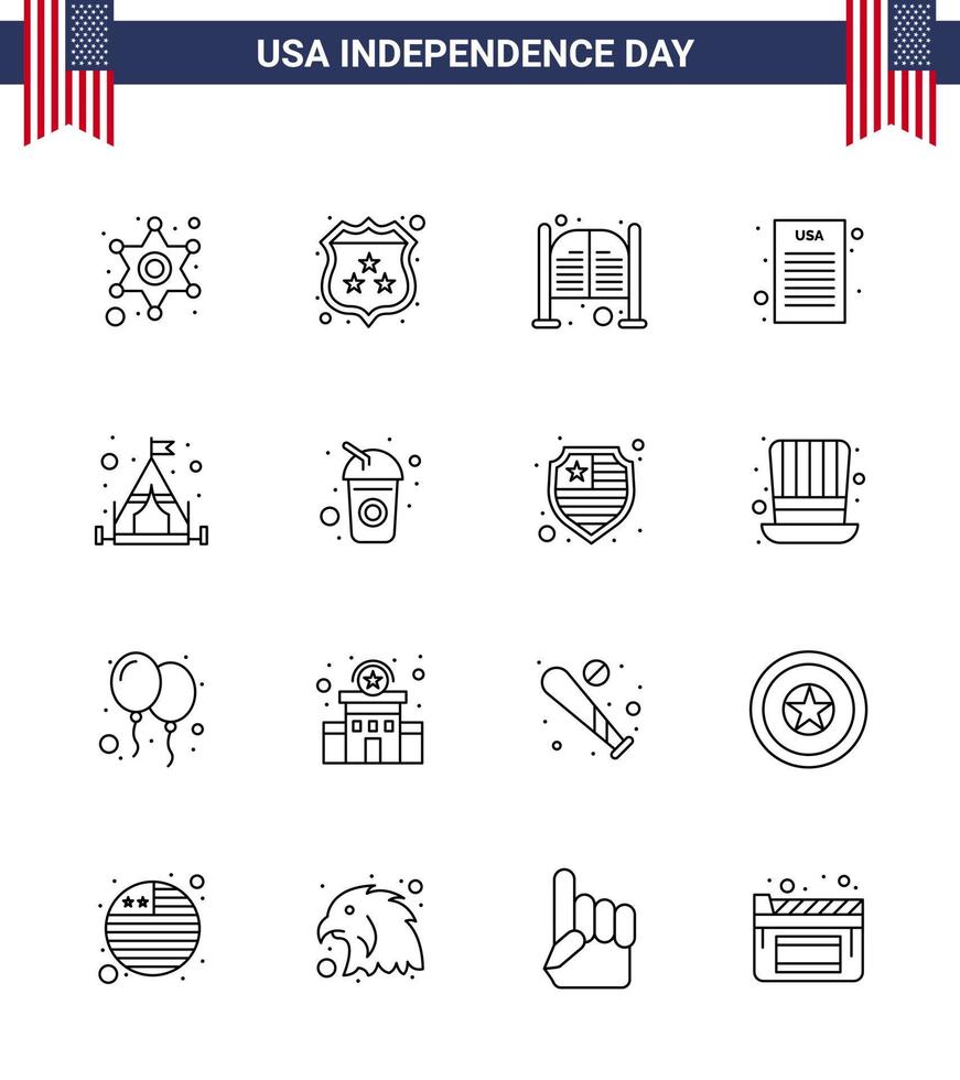 pack d'icônes vectorielles stock de jour américain 16 signes et symboles de ligne pour le camping bar démocratique déclaration d'indépendance entrée modifiable usa day vector design elements