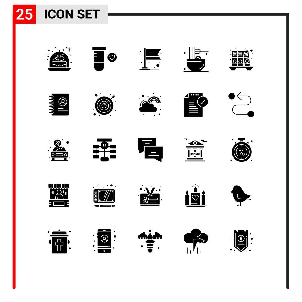 ensemble moderne de 25 pictogrammes de glyphes solides d'archives d'histoire éléments de conception vectoriels modifiables de grignotines de carnaval vecteur