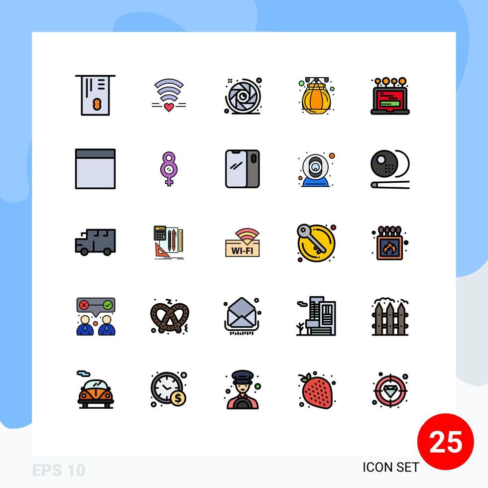 25 interface utilisateur ligne remplie pack de couleurs plates de signes et symboles modernes de l'objectif de la caméra de l'ordinateur portable installer des éléments de conception vectoriels modifiables en pot vecteur