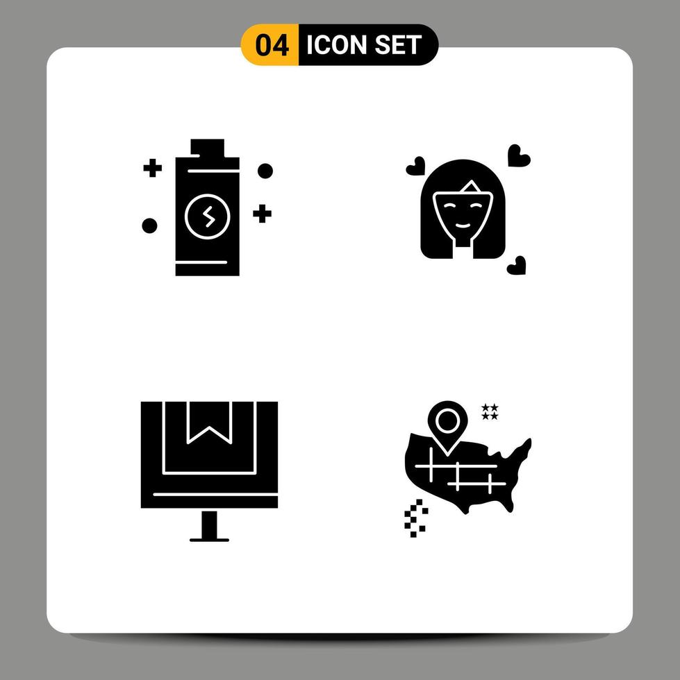 pack de glyphes solides de 4 symboles universels d'éléments de conception vectoriels modifiables de livraison de boîte de batterie vecteur