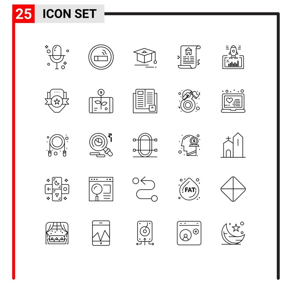 ensemble moderne de 25 lignes de pictogrammes d'éléments de conception vectoriels modifiables pour le lancement du projet de démarrage vecteur