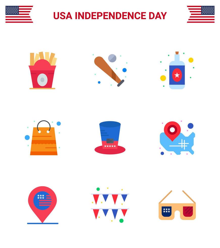 groupe de 9 appartements pour le jour de l'indépendance des états-unis d'amérique tels que hat shop usa packages bag modifiable usa day vector design elements