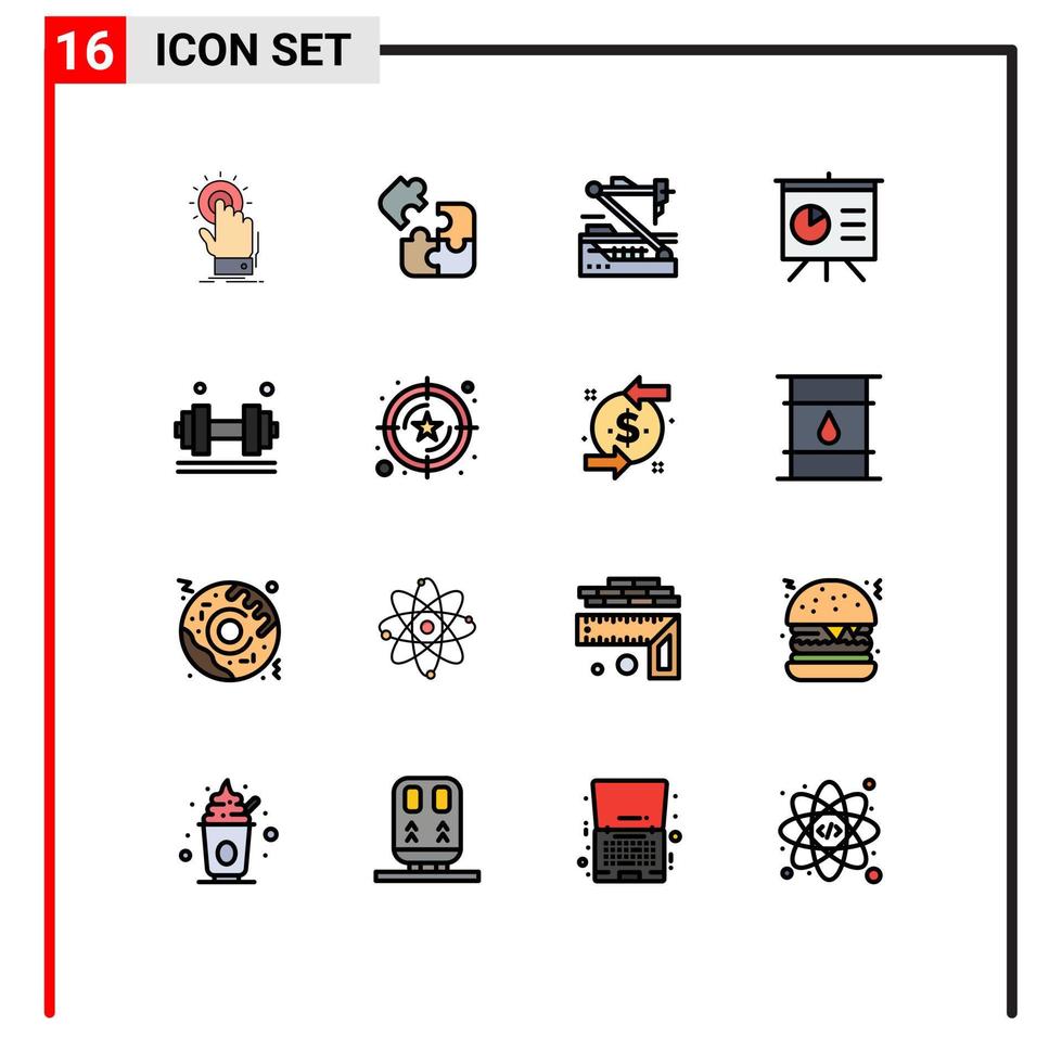 ensemble de pictogrammes de 16 lignes simples remplies de couleur plate d'éléments de conception de vecteur créatif modifiables de robot d'analyse de solution de panneau d'haltères