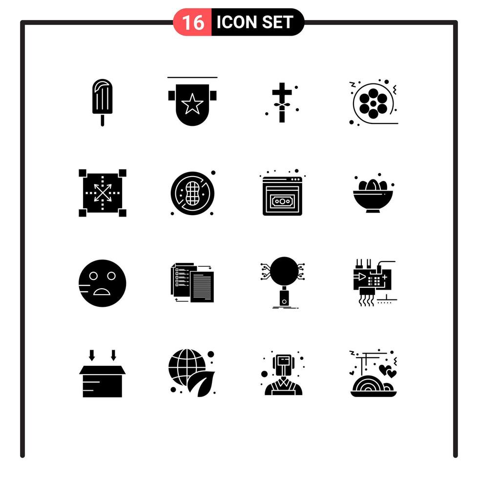 pack de 16 signes et symboles de glyphes solides modernes pour les supports d'impression Web tels que les éléments de conception vectoriels modifiables de film de timbre de cinéma multimédia de pâques vecteur