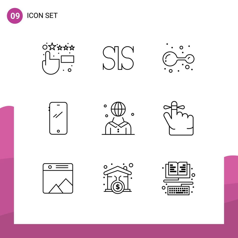 ensemble moderne de 9 contours pictogramme d'éléments de conception vectoriels modifiables mobile iphone molécule mondiale internationale vecteur