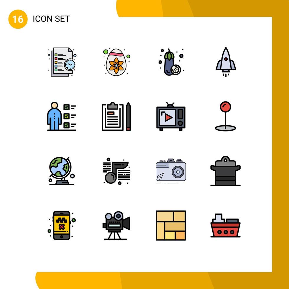 ensemble moderne de 16 lignes et symboles remplis de couleurs plates tels que liste de contrôle voyage aubergine démarrage vaisseau spatial éléments de conception vectoriels créatifs modifiables vecteur