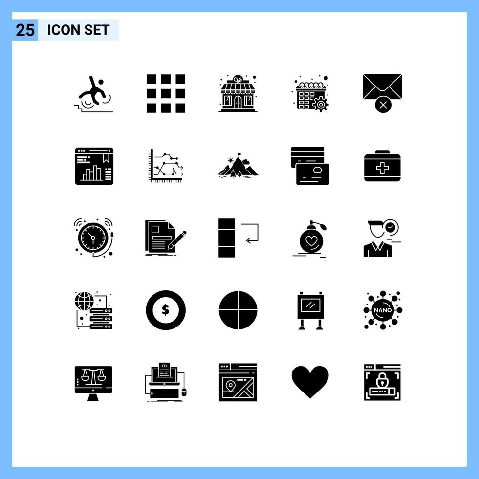 interface mobile glyphe solide ensemble de 25 pictogrammes de message supprimer les paramètres du restaurant engrenage éléments de conception vectoriels modifiables vecteur