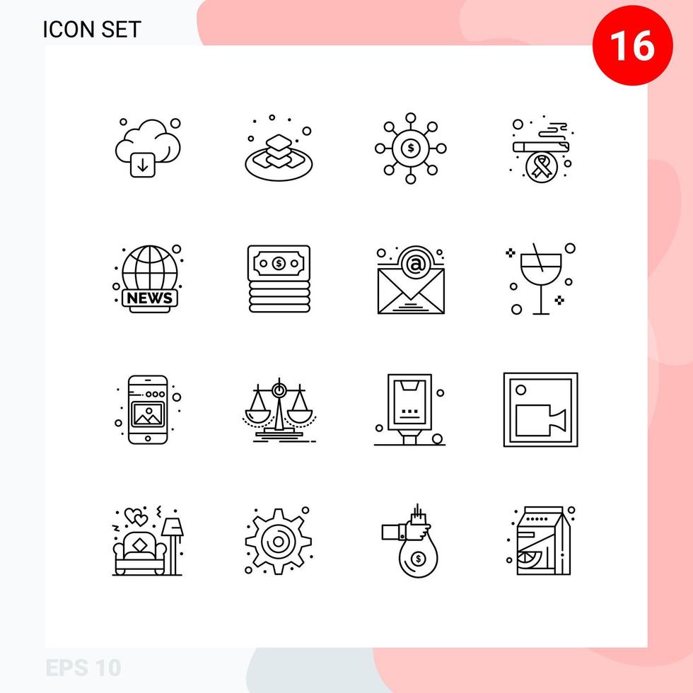 16 contours vectoriels thématiques et symboles modifiables de la diffusion d'éléments de conception vectoriels modifiables financiers de la santé du dollar du tabagisme vecteur