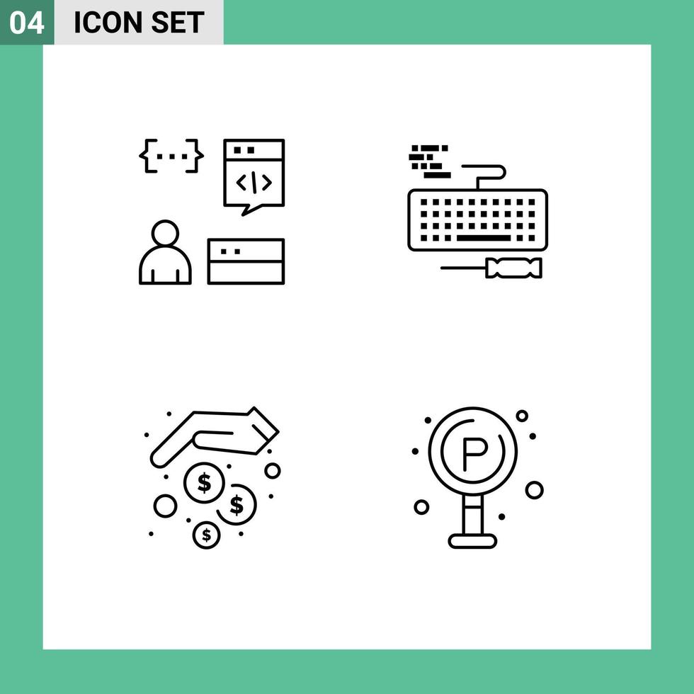 pack de 4 couleurs plates créatives remplies d'éléments de conception vectoriels modifiables d'argent de clavier de développement d'application vecteur