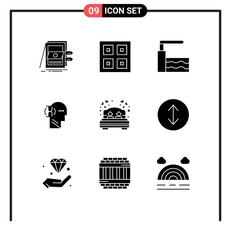 ensemble moderne de 9 glyphes et symboles solides tels que les éléments de conception vectoriels modifiables de l'eau en verre logistique de l'utilisateur du lit vecteur