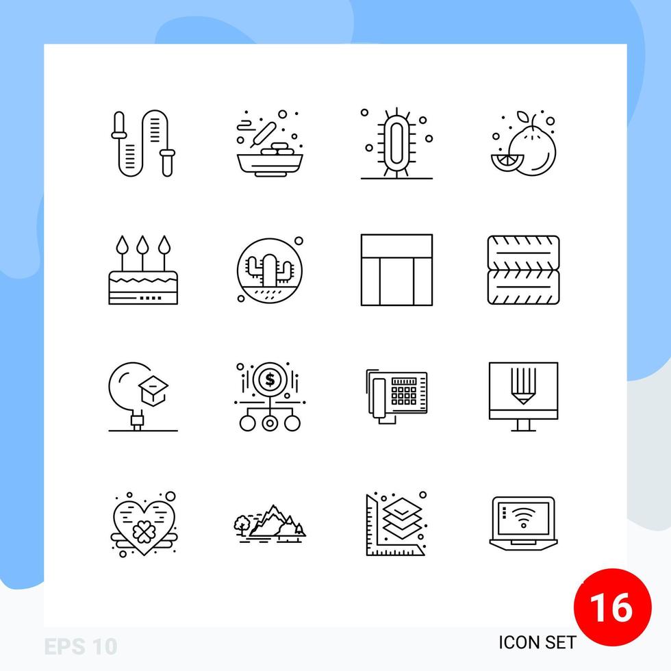 ensemble de pictogrammes de 16 contours simples d'éléments de conception vectoriels modifiables de la science alimentaire de la soupe aux fruits de gâteau vecteur