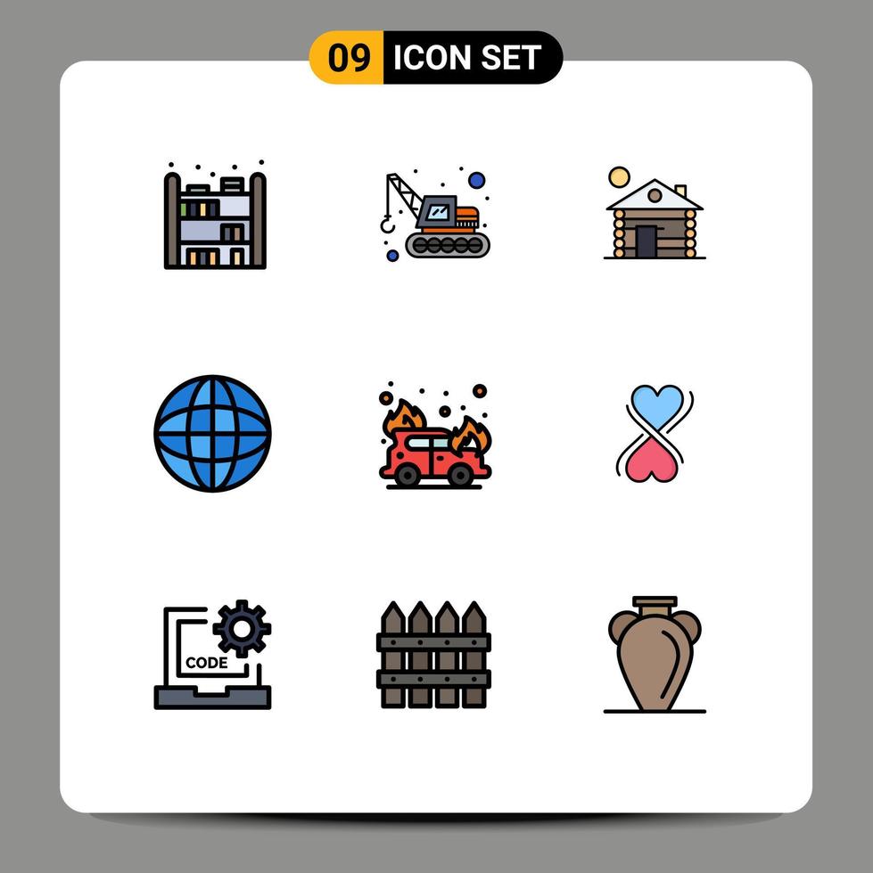 ensemble de 9 symboles d'icônes d'interface utilisateur modernes signes pour les éléments de conception vectoriels modifiables internet de voiture de service d'incendie cardiaque vecteur