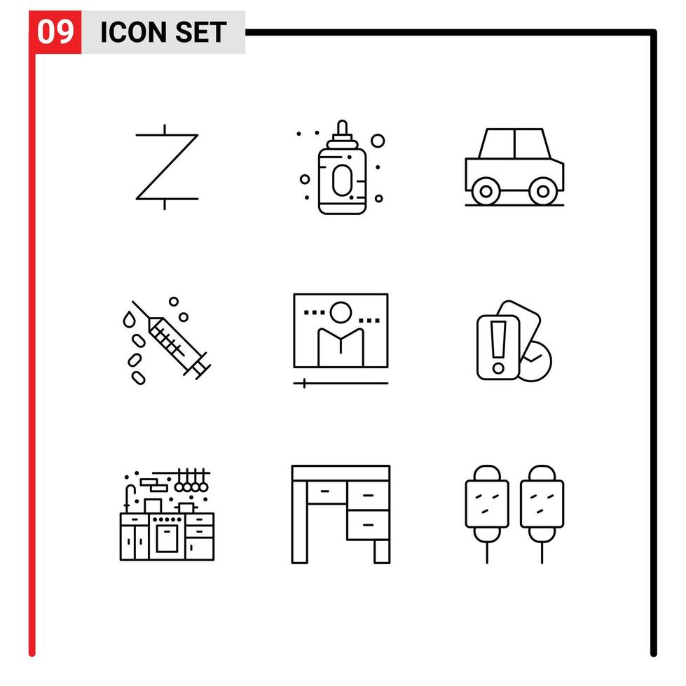 groupe de 9 contours modernes définis pour les éléments de conception vectoriels modifiables de seringue de traitement de voiture de diffusion médiatique vecteur
