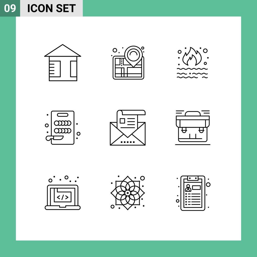 pictogramme ensemble de 9 contours simples d'adresse e-mail fire cuisine board éléments de conception vectoriels modifiables vecteur