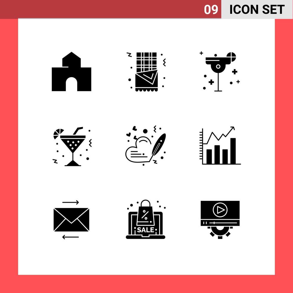 9 concept de glyphe solide pour sites Web mobiles et applications amour boisson cocktail citron verre éléments de conception vectoriels modifiables vecteur