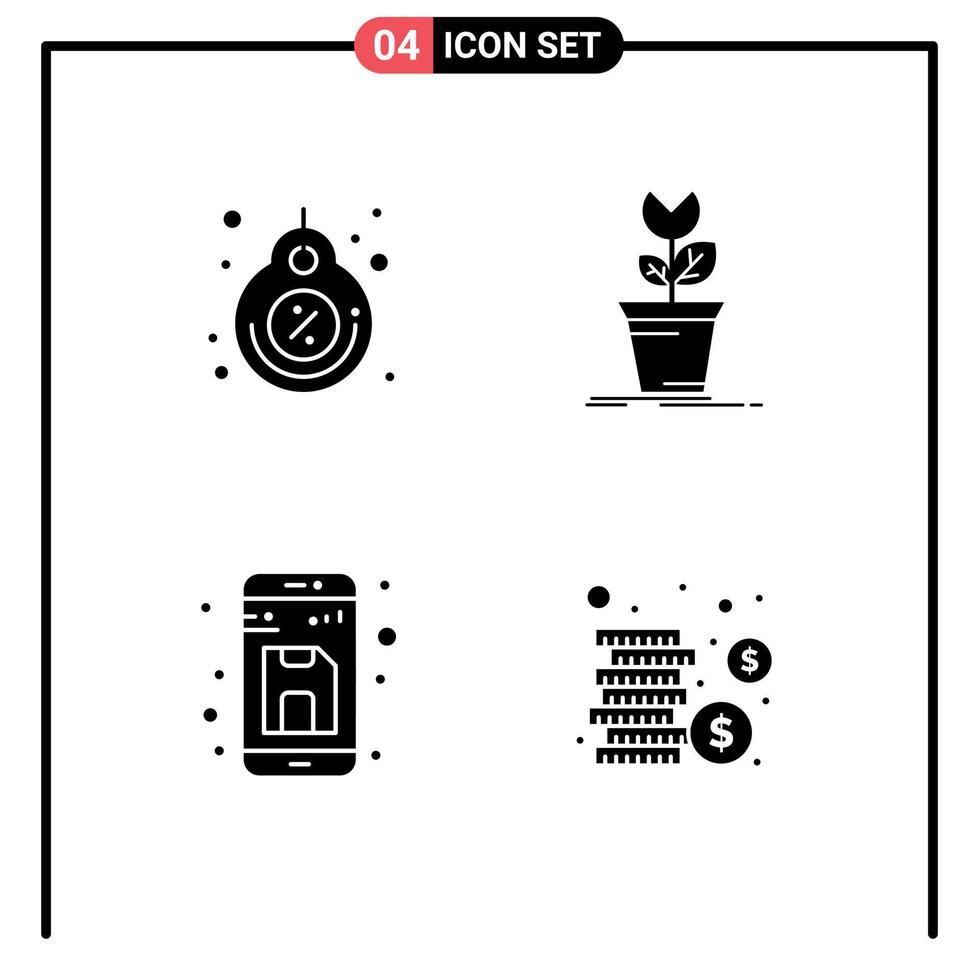 groupe de 4 signes et symboles de glyphes solides pour les éléments de conception vectoriels modifiables du document de jeu d'étiquettes de plantes d'étiquettes vecteur