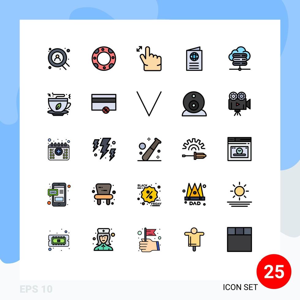 ensemble moderne de 25 couleurs et symboles plats en ligne remplis tels que le serveur de réseau de thé zoom base de données passeport éléments de conception vectoriels modifiables vecteur