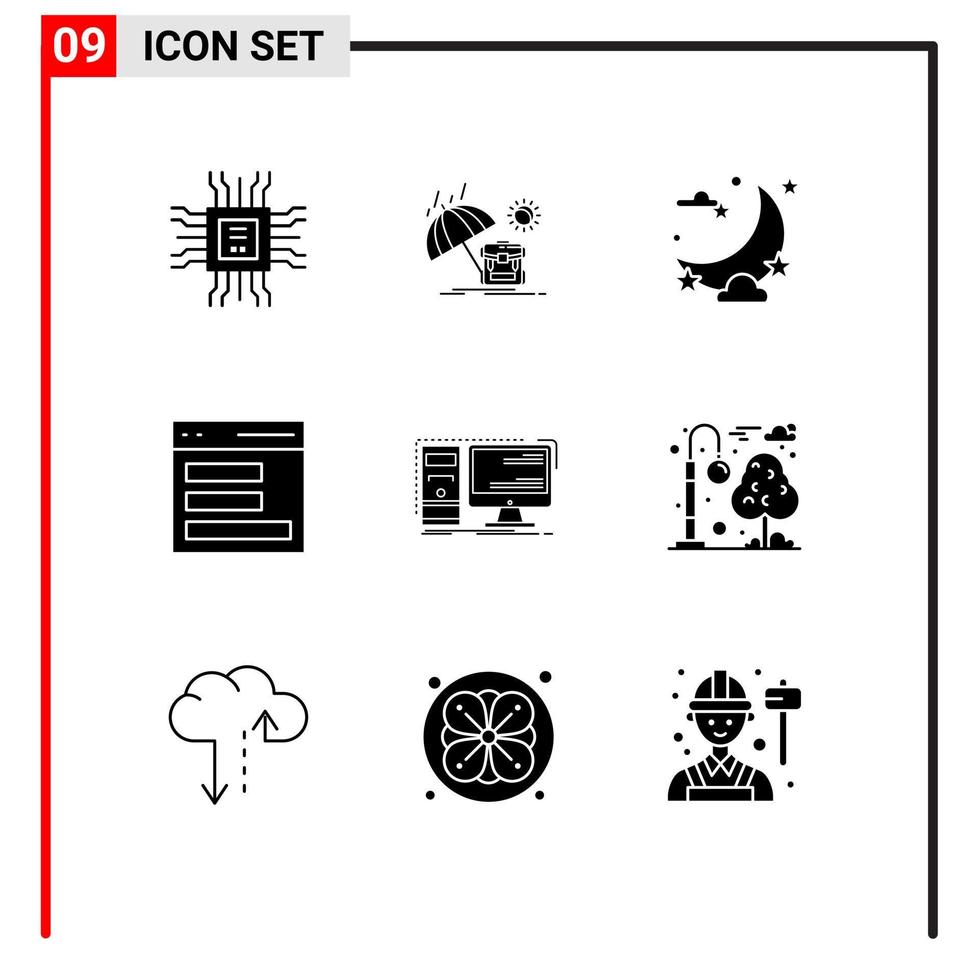 pack d'interface utilisateur de 9 glyphes solides de base d'éléments de conception vectoriels modifiables de communication d'interface de célébration d'utilisateur de bureau vecteur