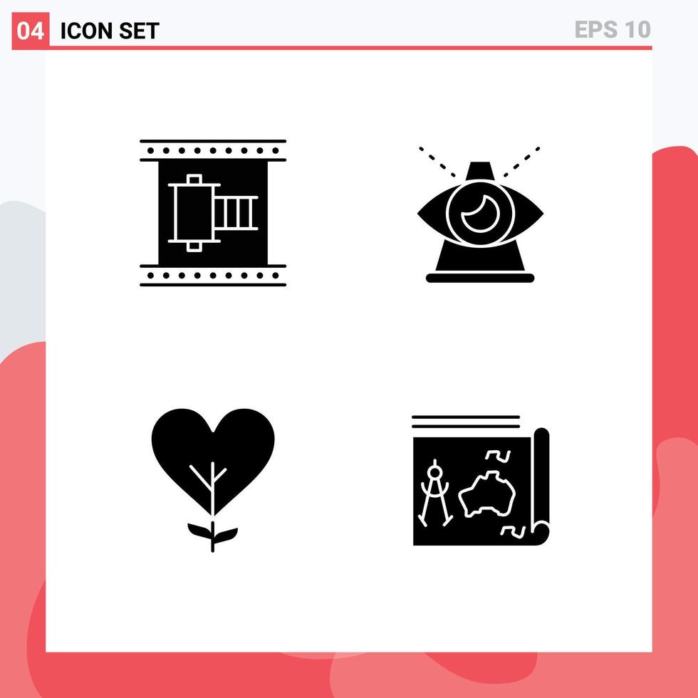 interface mobile glyphe solide ensemble de 4 pictogrammes de cinéma providence bobine de film oeil amour éléments de conception vectoriels modifiables vecteur