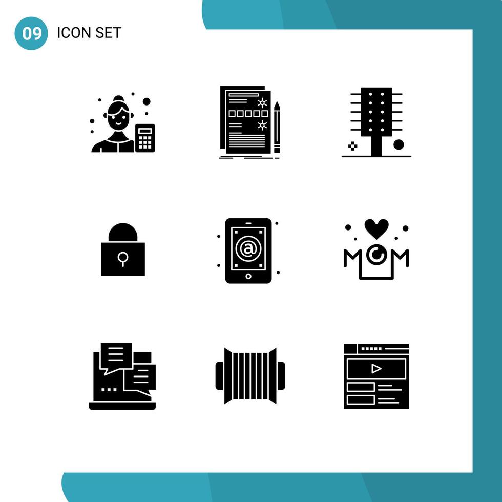 interface mobile glyphe solide ensemble de 9 pictogrammes de matériel twitter verrouillé spa salon cosmétiques éléments de conception vectoriels modifiables vecteur