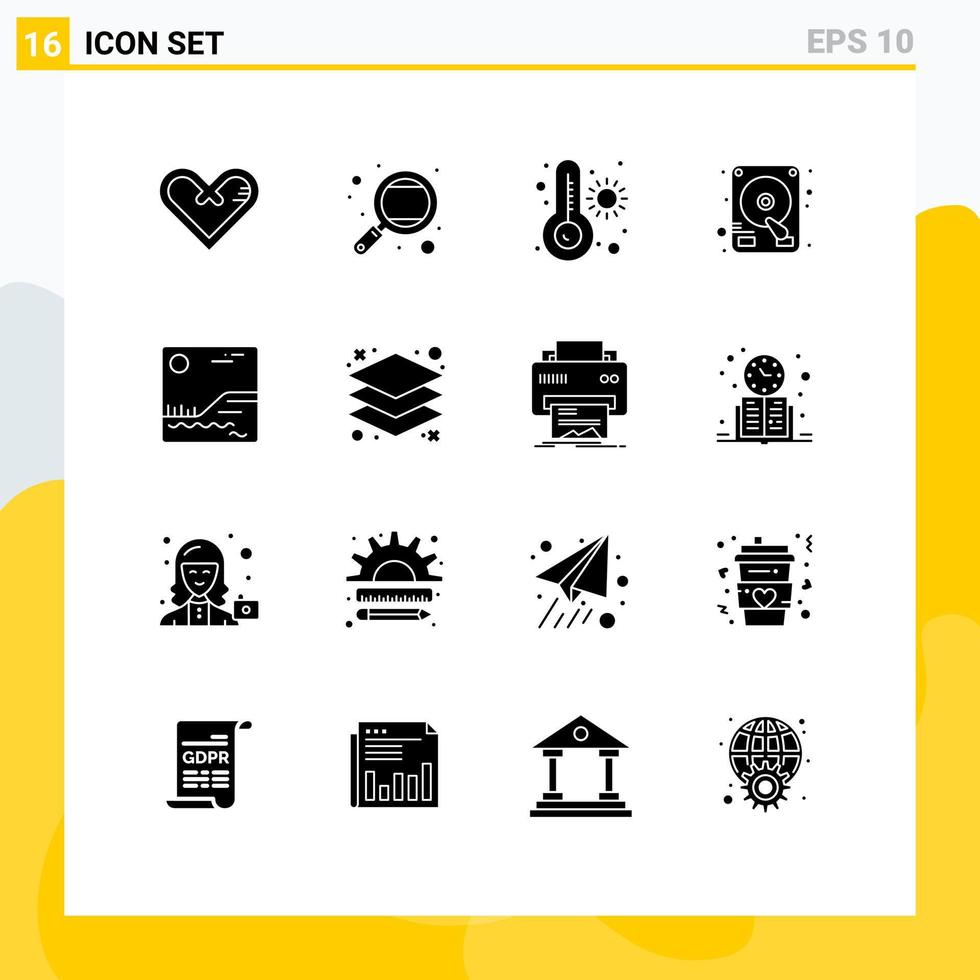 ensemble moderne de 16 pictogrammes de glyphes solides d'éléments de conception vectoriels modifiables de thermomètre de lecteur scolaire de disque dur d'image vecteur