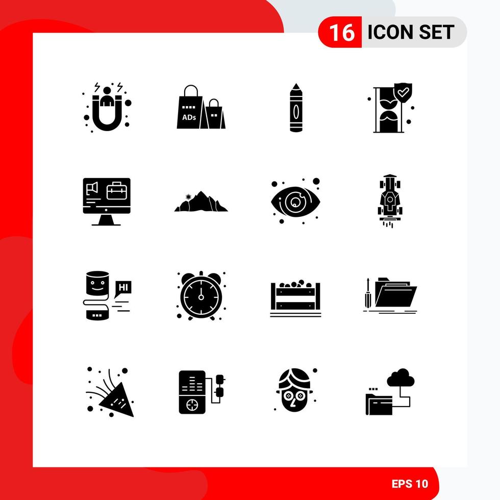 pack de 16 signes et symboles de glyphes solides modernes pour les supports d'impression Web tels que la sécurité informatique shopping assurance croquis éléments de conception vectoriels modifiables vecteur