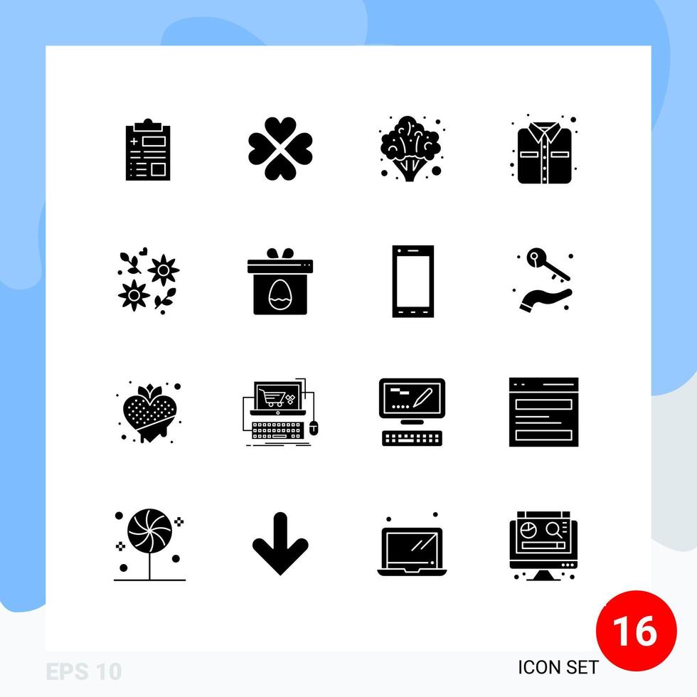 interface utilisateur pack de 16 glyphes solides de base de vêtements cadeaux chemise cadeau légumes éléments de conception vectoriels modifiables vecteur