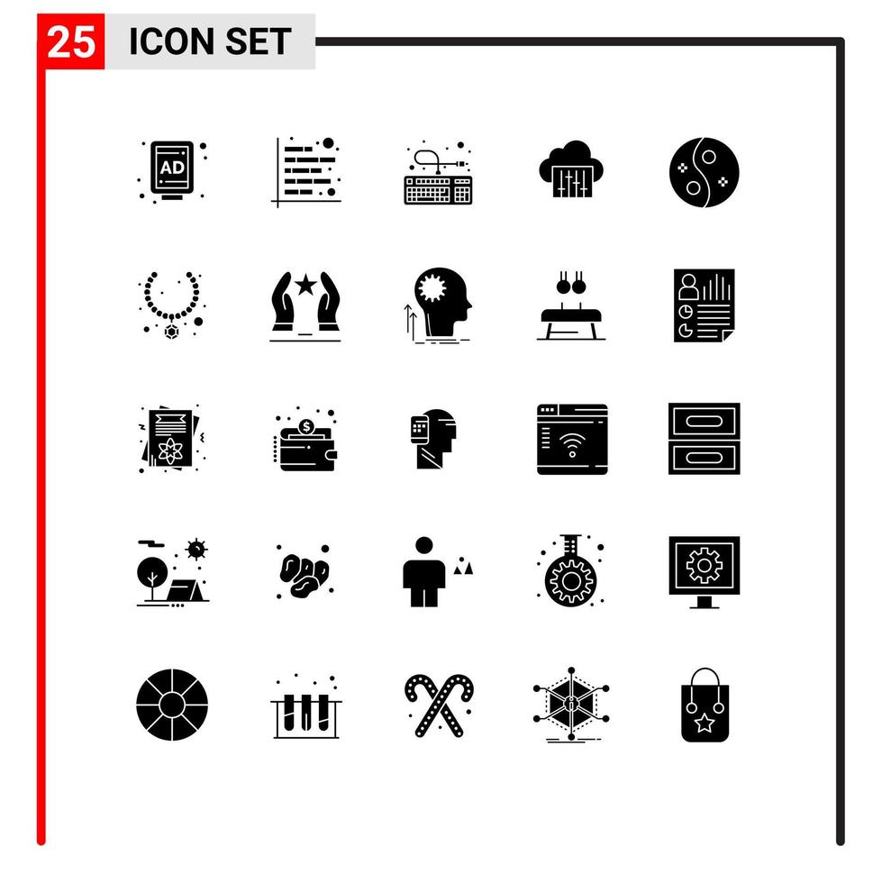 groupe de 25 signes et symboles de glyphes solides pour les éléments de conception vectoriels modifiables en nuage de musique informatique de salon vecteur