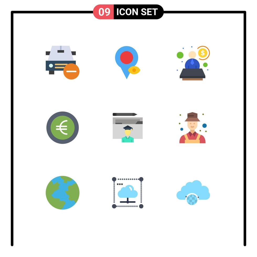 ensemble moderne de 9 couleurs et symboles plats tels que des éléments de conception vectoriels modifiables de pièce de monnaie de signe de pointeur d'avatar diplômé vecteur